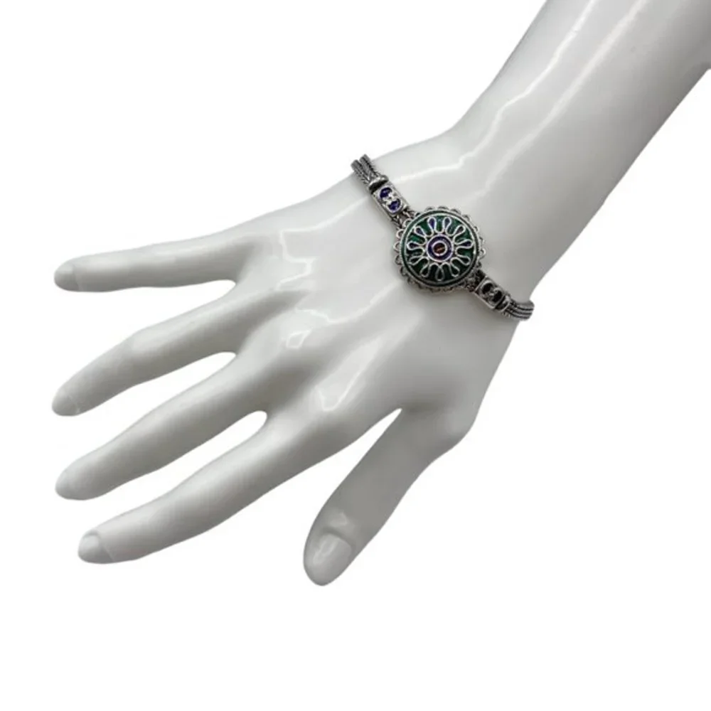 Oxidized Rare .825 Silver Enamel Chain Bracelet